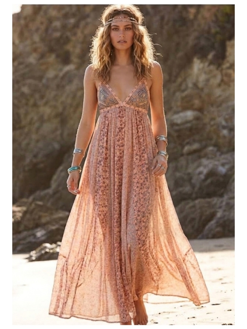 Free People Blush Pink Lace Empire-Waist Maxi Dress